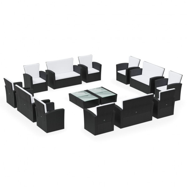 Set muebles de jardín 16 piezas y cojines ratán sintético negro D