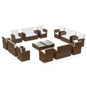 Set muebles de jardín 16 pzas y cojines ratán sintético marrón H