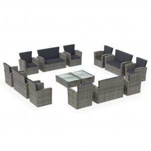 16 pcs conjunto lounge de jardim c/ almofadões vime PE cinzento H