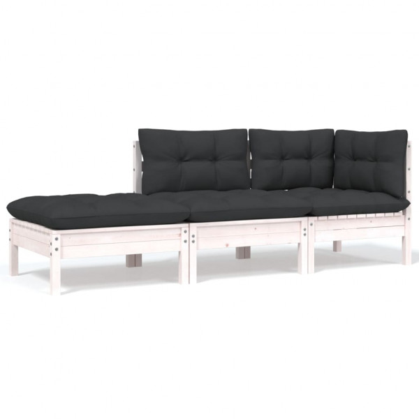 3 pcs conjunto lounge jardim c/ almofadões pinho maciço branco D