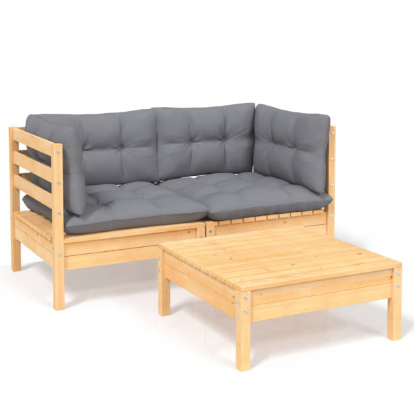 3 pcs conjunto lounge de jardim c/ almofadões cinzentos pinho M 2