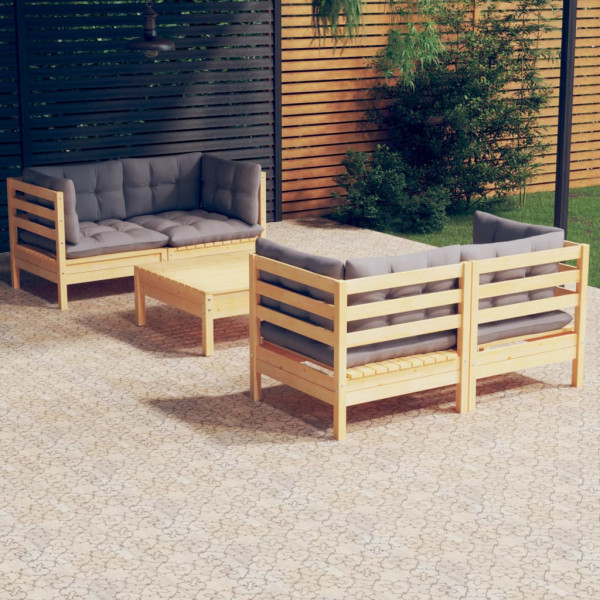 5 pcs conjunto lounge de jardim c/ almofadões cinzentos pinho D
