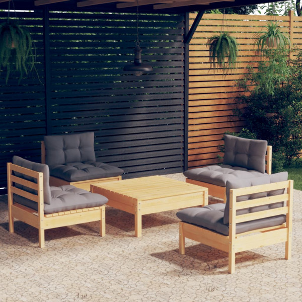 5 pcs conjunto lounge de jardim c/ almofadões cinzentos pinho D
