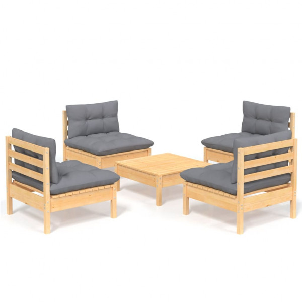 Juego de muebles de jardín 5 pzas y cojines madera pino gris M 2