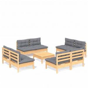 9 pcs conjunto lounge de jardim c/ almofadões cinzentos pinho H