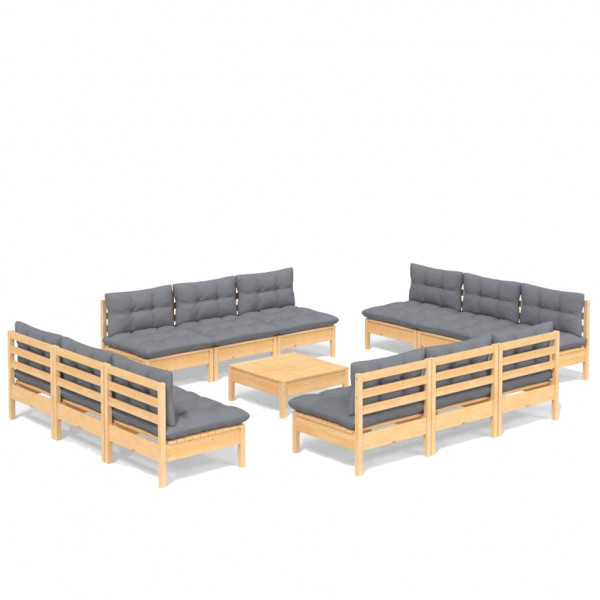 Juego de muebles de jardín 13 pzas y cojines madera pino gris M 2
