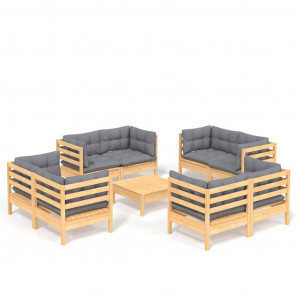 9 pcs conjunto lounge de jardim c/ almofadões cinzentos pinho H