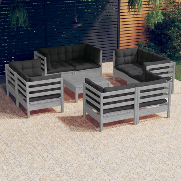 9 pcs conj. lounge de jardim com almofadões antracite pinho D