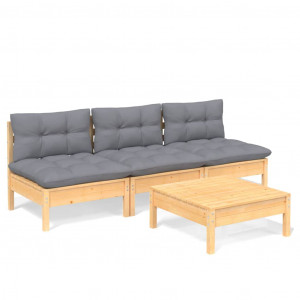 4 pcs conjunto lounge de jardim c/ almofadões cinzentos pinho H