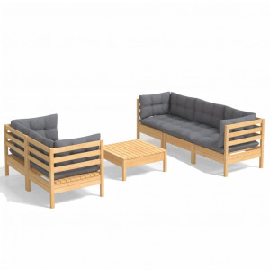 Juego de muebles de jardín 6 pzas y cojines madera pino gris H