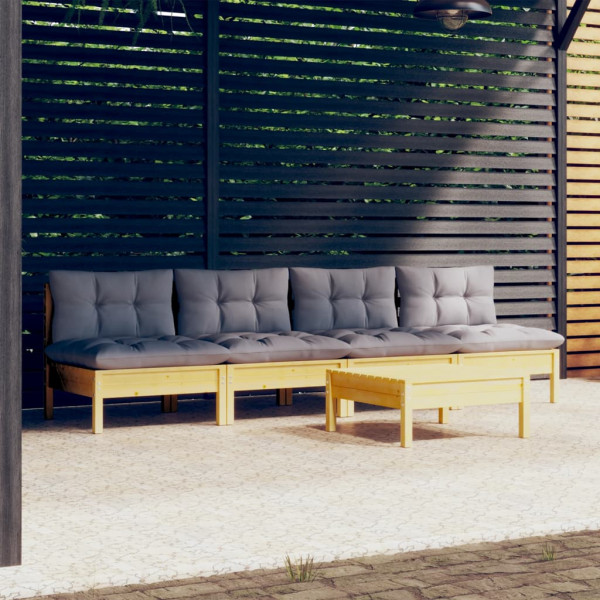 Juego de muebles de jardín 5 pzas y cojines madera pino gris D