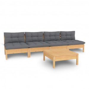 Juego de muebles de jardín 5 pzas y cojines madera pino gris H