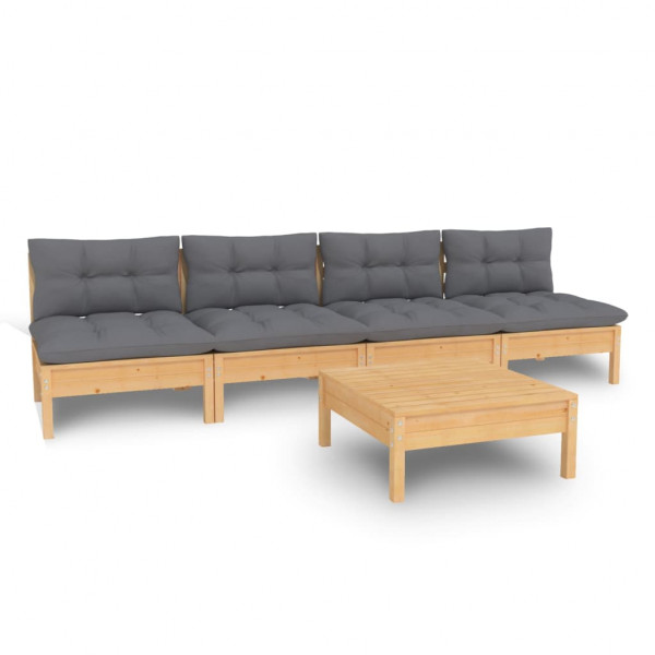 Juego de muebles de jardín 5 pzas y cojines madera pino gris M 2