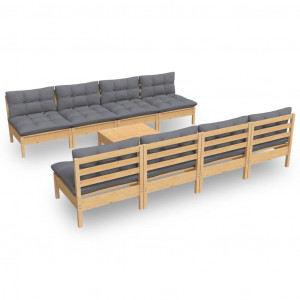9 pcs conjunto lounge de jardim + almofadões cinza pinho maciço H