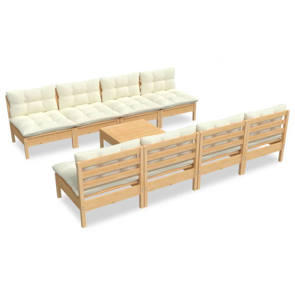9 pcs conjunto lounge jardim c/ almofadões creme pinho maciço M 2