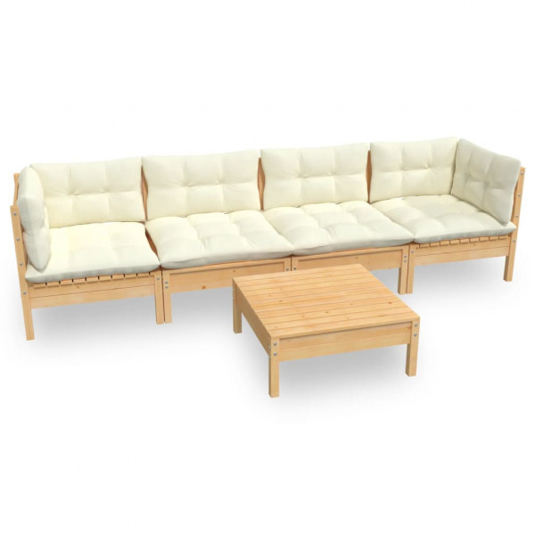 5 pcs conjunto lounge jardim c/ almofadões creme pinho maciço M 2