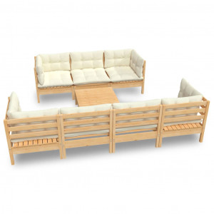 8 pcs conjunto lounge jardim c/ almofadões creme pinho maciço H