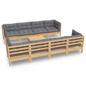 Juego de muebles de jardín 9 pzas y cojines madera maciza pino H