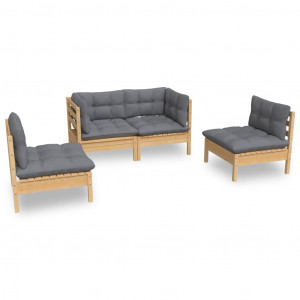 4 pcs conjunto lounge de jardim + almofadões cinza pinho maciço H