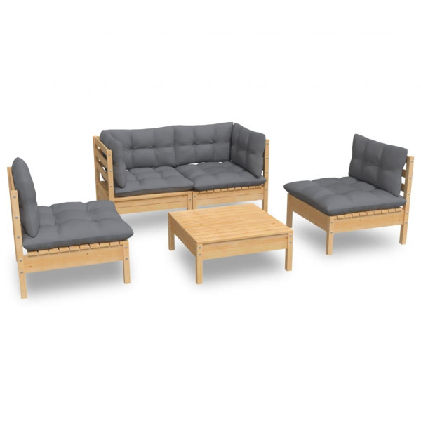 Juego de muebles de jardín 5 pzas y cojines madera maciza pino M 2