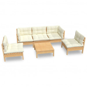 6 pcs conjunto lounge jardim c/ almofadões creme pinho maciço H