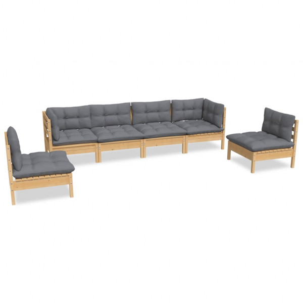 6 pcs conjunto lounge de jardim + almofadões cinza pinho maciço M 2