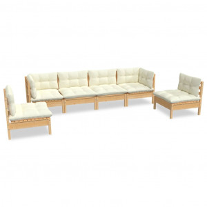6 pcs conjunto lounge jardim c/ almofadões creme pinho maciço H