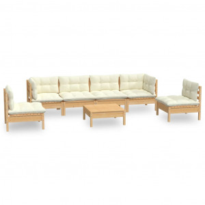 7 pcs conjunto lounge jardim c/ almofadões creme pinho maciço H