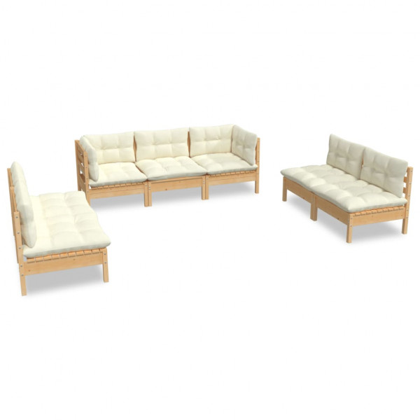 7 pcs conjunto lounge jardim c/ almofadões creme pinho maciço M 2