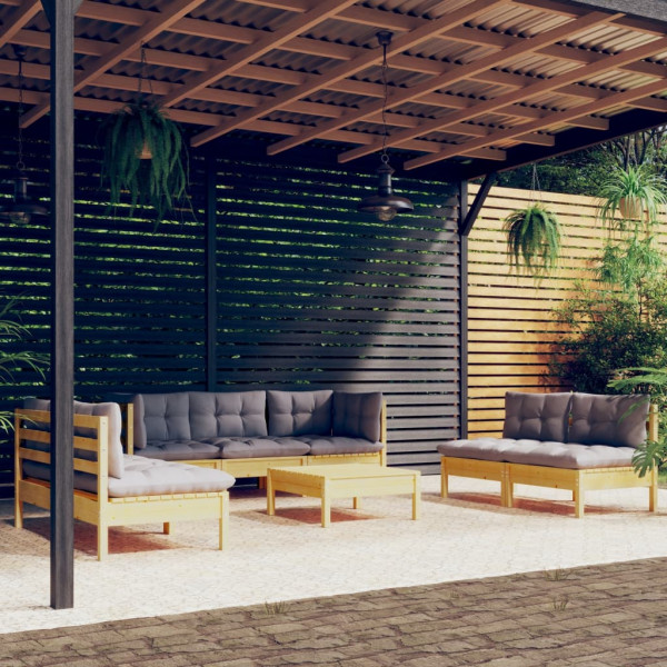 8 pcs conjunto lounge de jardim + almofadões cinza pinho maciço D