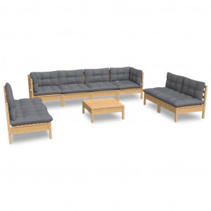 9 pcs conjunto lounge de jardim + almofadões cinza pinho maciço H