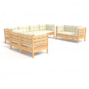 8 pcs conjunto lounge jardim c/ almofadões creme pinho maciço H