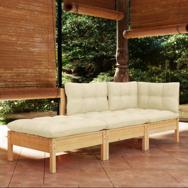 3 pcs conjunto lounge jardim c/ almofadões creme pinho maciço D