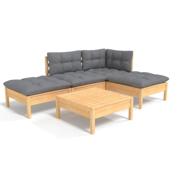 5 pcs conjunto lounge de jardim c/ almofadões cinzentos pinho M 2