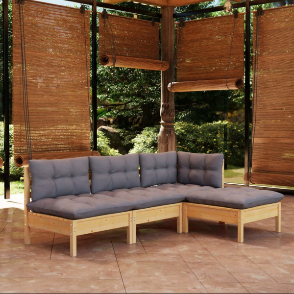 4 pcs conjunto lounge de jardim c/ almofadões cinza pinho D