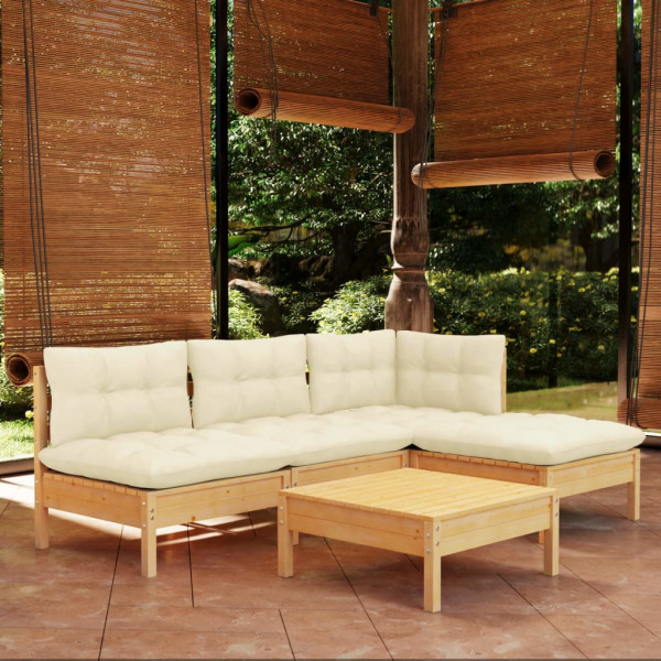 Muebles de jardín 5 piezas cojines madera de pino crema D