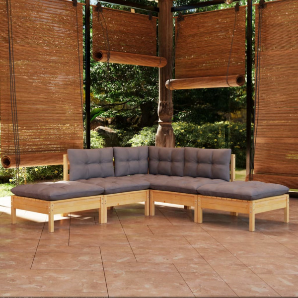 Juego de muebles de jardín 5 pzas y cojines madera pino gris D