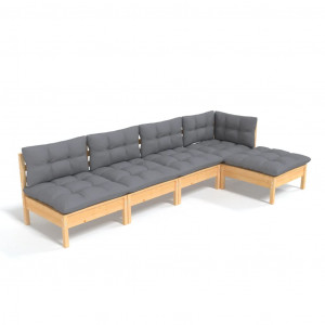 5 pcs conjunto lounge de jardim c/ almofadões cinzentos pinho H