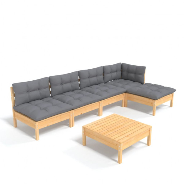 6 pcs conjunto lounge de jardim c/ almofadões cinzentos pinho M 2