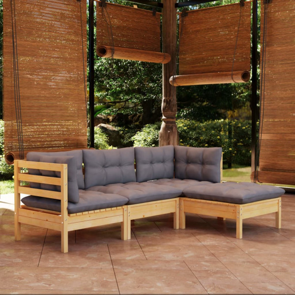 4 pcs conjunto lounge de jardim c/ almofadões cinzentos pinho D