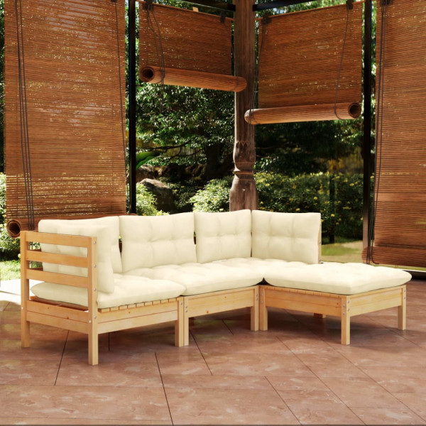 4 pcs conjunto lounge jardim c/ almofadões cor creme pinho D