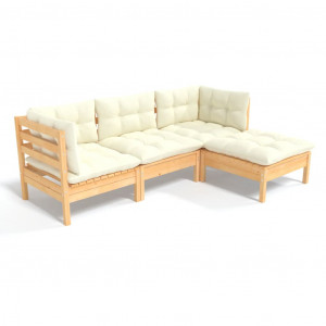 4 pcs conjunto lounge jardim c/ almofadões cor creme pinho H