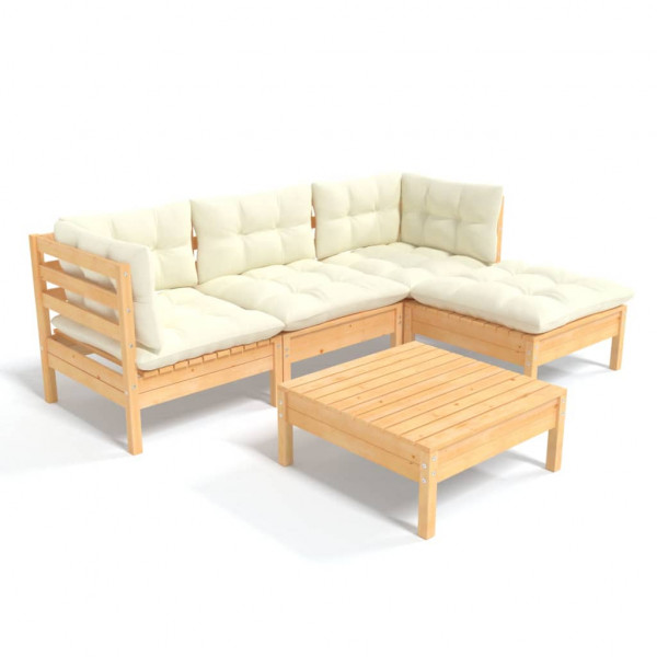 5 pcs conjunto lounge jardim c/ almofadões cor creme pinho D