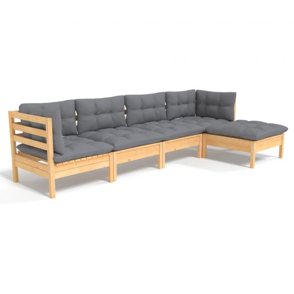 5 pcs conjunto lounge de jardim c/ almofadões cinza pinho M 2