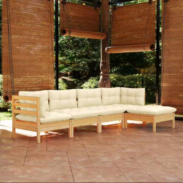 Muebles de jardín 5 piezas cojines madera de pino crema D