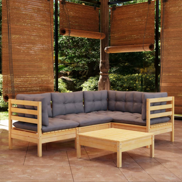 5 pcs conjunto lounge de jardim c/ almofadões cinza pinho D