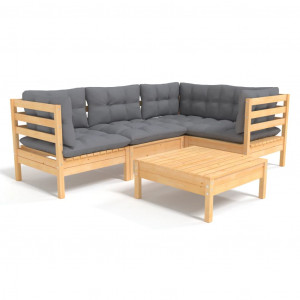 Juego de muebles de jardín 5 pzas y cojines madera pino gris H