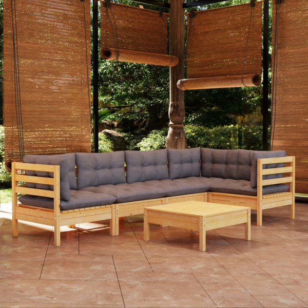6 pcs conjunto lounge de jardim c/ almofadões cinza pinho D