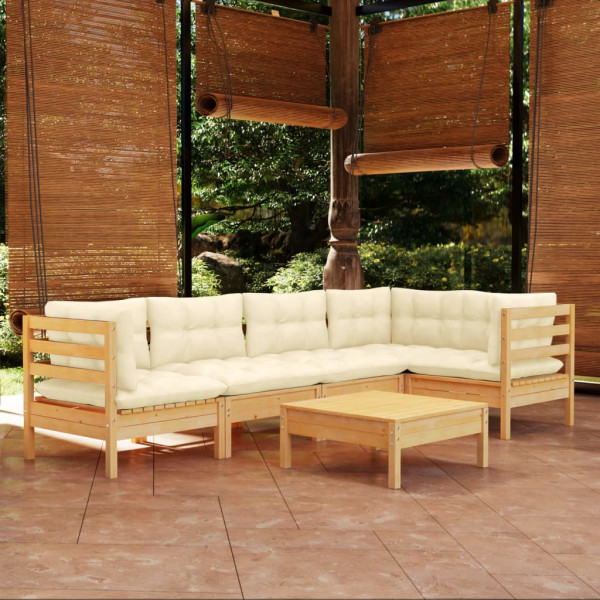 Muebles de jardín 6 piezas cojines madera de pino color crema M 5