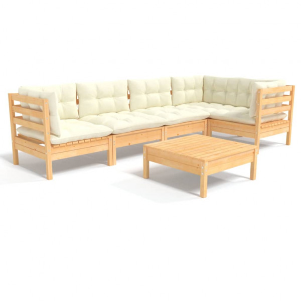 6 pcs conjunto lounge de jardim c/ almofadões cor creme pinho D